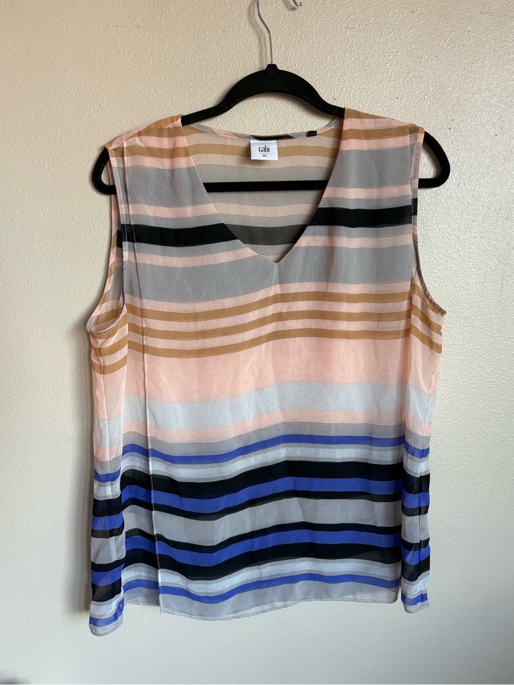 Cabi Anthropology Striped‎ Sleeveless V Neck Blouse Blue Pink Sheer Layered Tank
